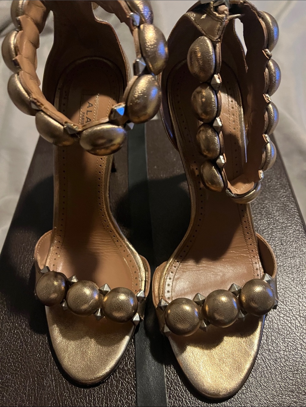 Alaïa Metallic Bronze Beaded Ankle-Strap Heels
